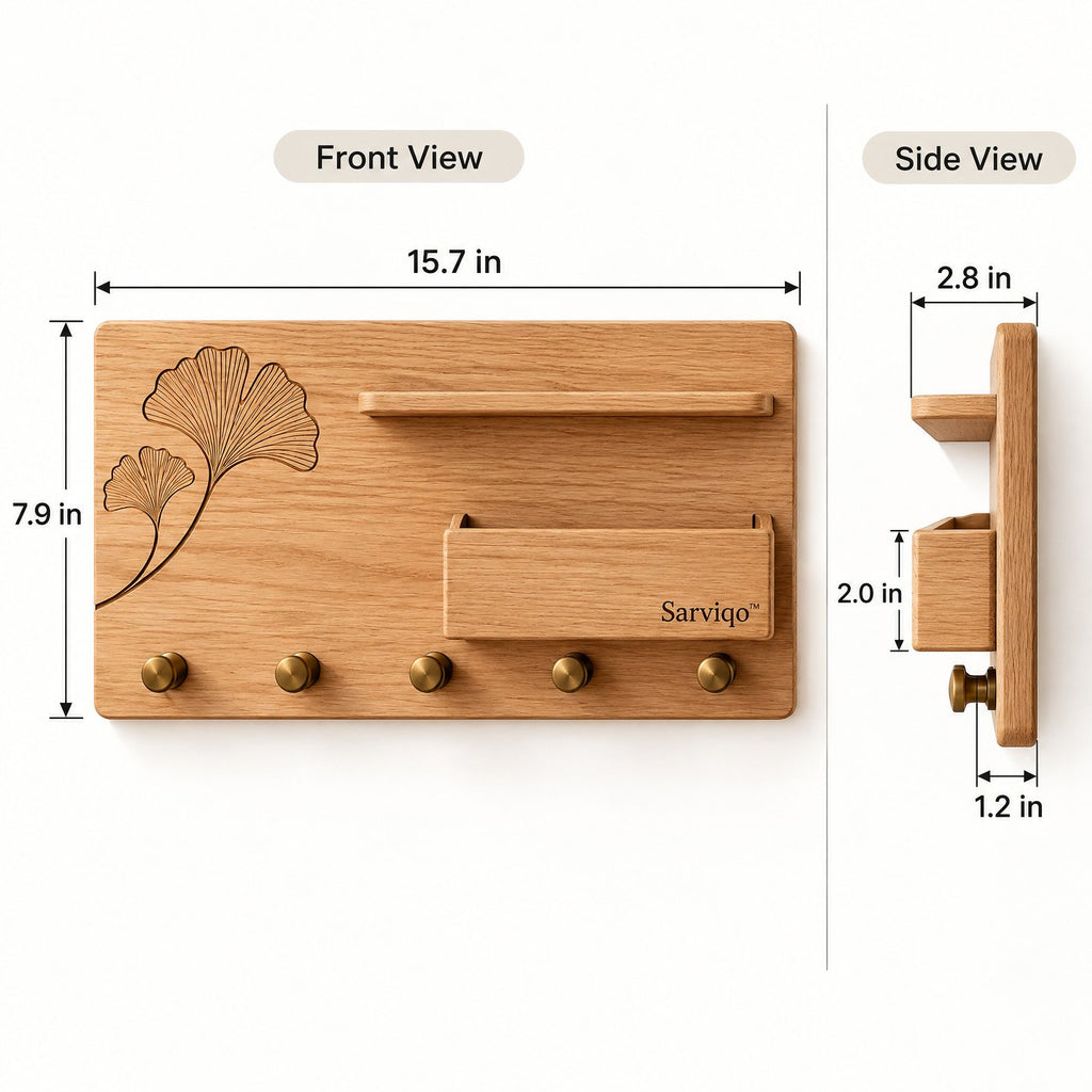 Sarviqo™ Ginkgo Leaf Oak Wall Organizer with Mail Pocket size and dimensions