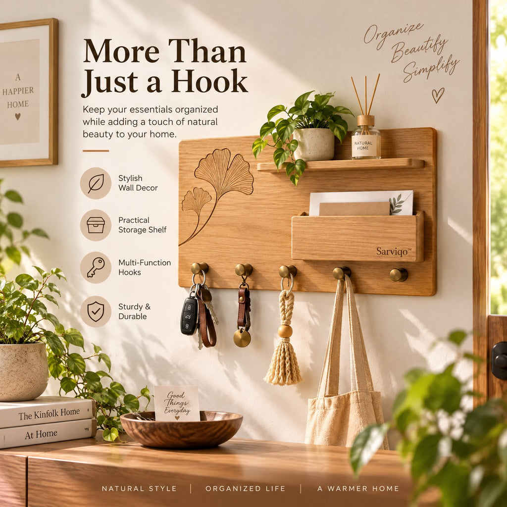 Sarviqo™ Ginkgo Leaf Oak Wall Organizer with Mail Pocket styled room scene