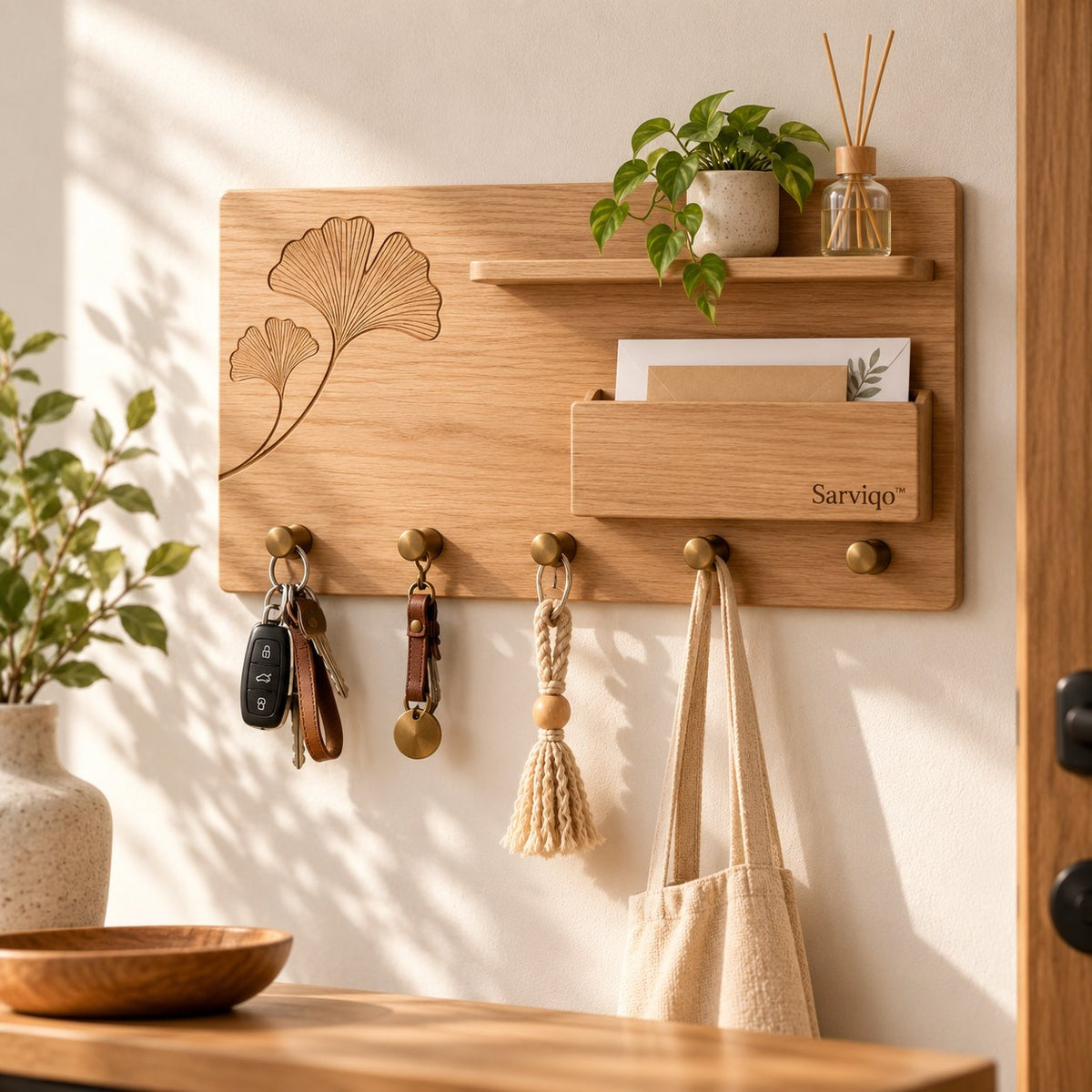 Sarviqo™ Ginkgo Leaf Oak Wall Organizer with Mail Pocket product main photo
