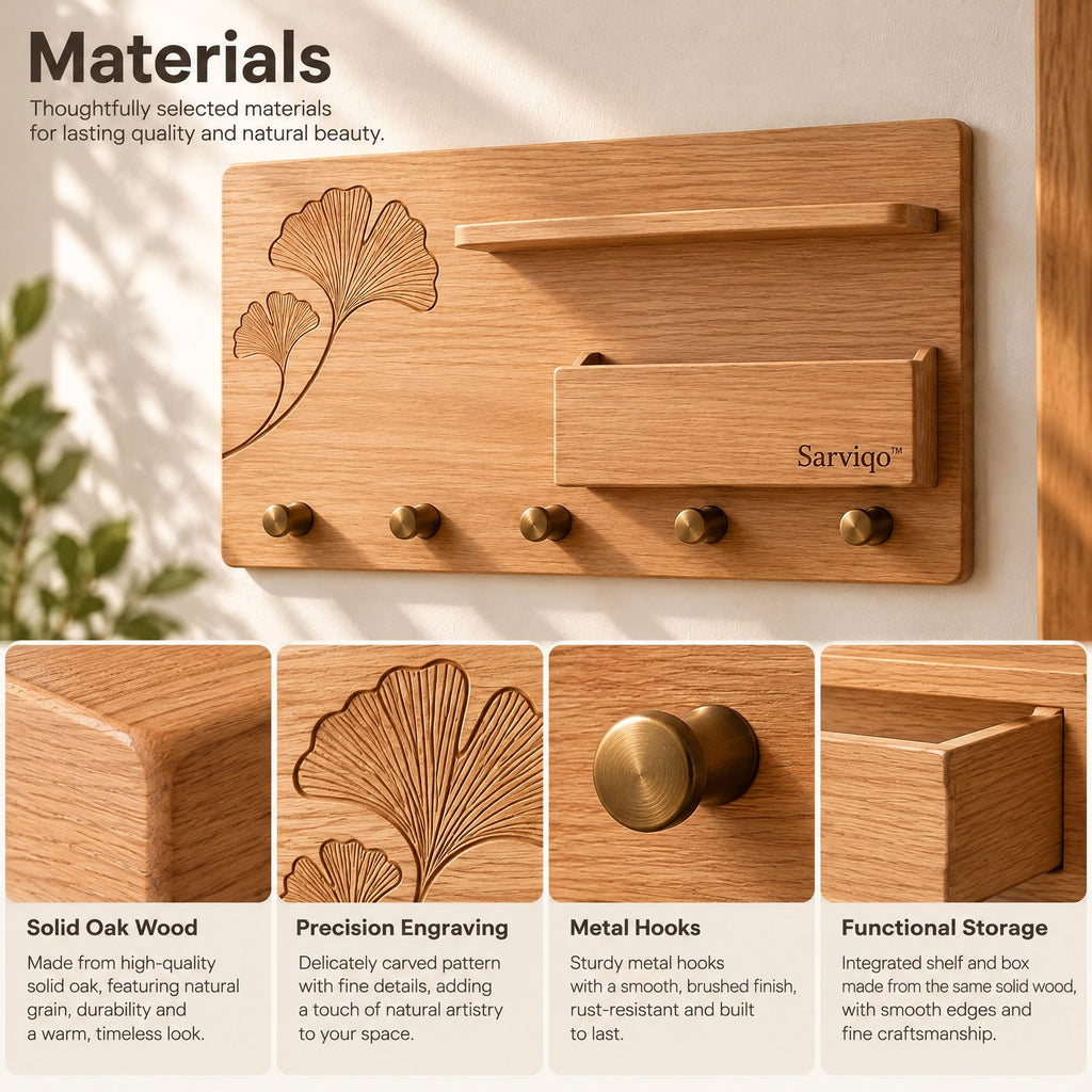 Sarviqo™ Ginkgo Leaf Oak Wall Organizer with Mail Pocket materials close-up