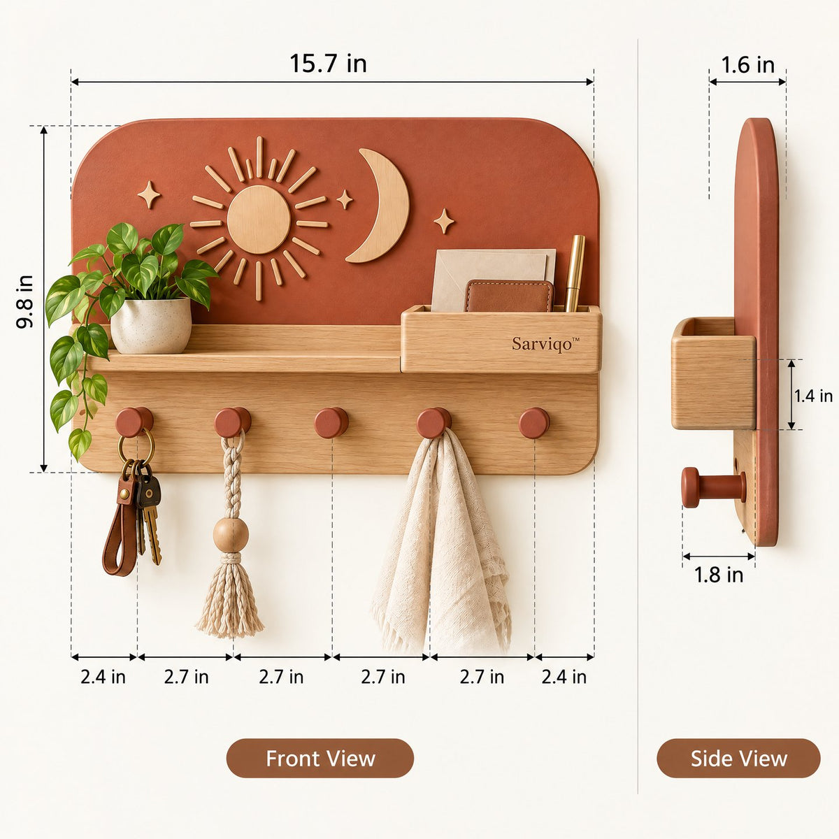Sarviqo™ Terracotta Sun & Moon Wall Shelf with Wooden Pegs dimensions