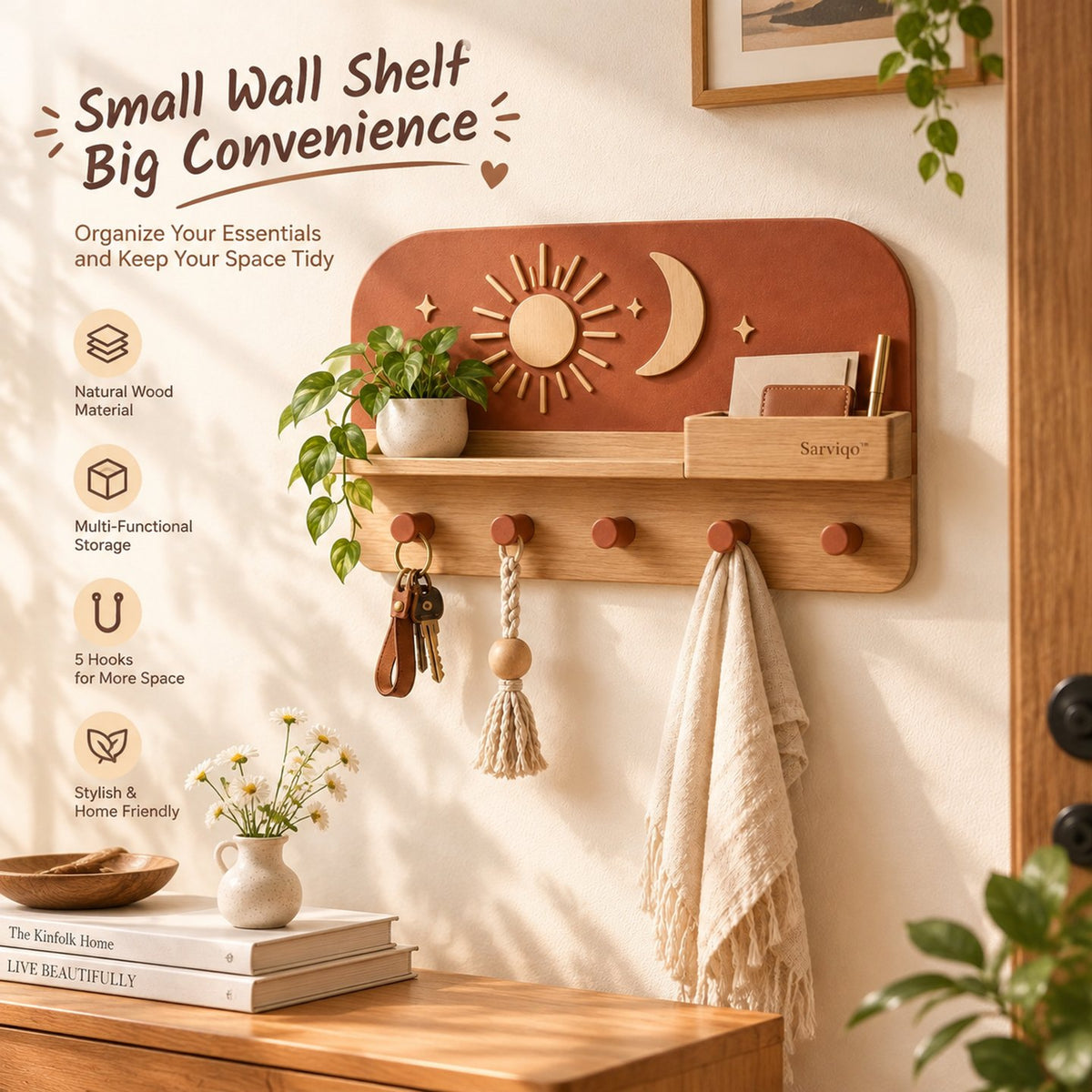 Sarviqo™ Terracotta Sun & Moon Wall Shelf with Wooden Pegs interior display