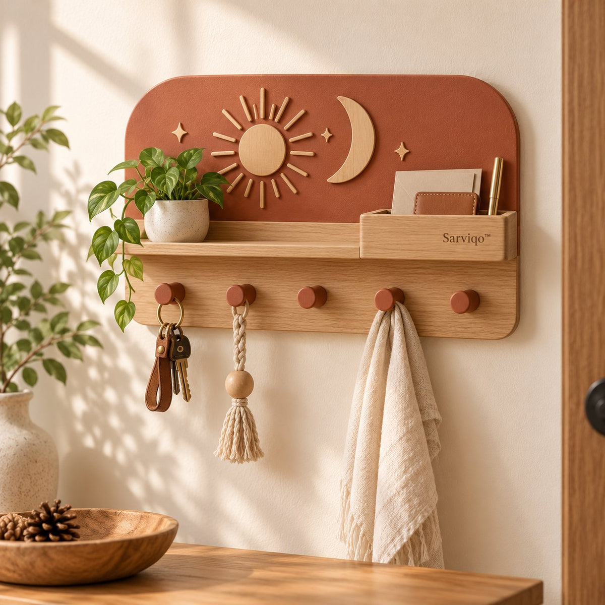 Sarviqo™ Terracotta Sun & Moon Wall Shelf with Wooden Pegs product photo