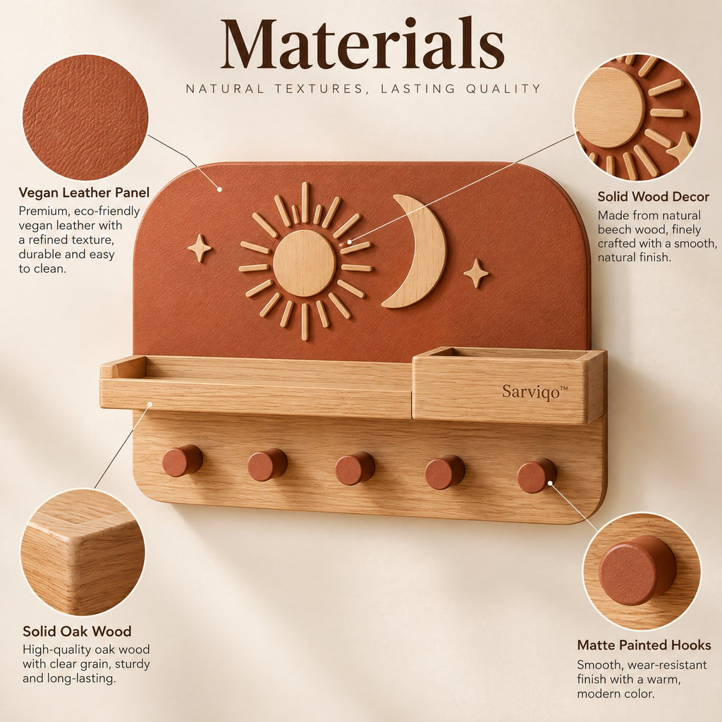 Sarviqo™ Terracotta Sun & Moon Wall Shelf with Wooden Pegs materials