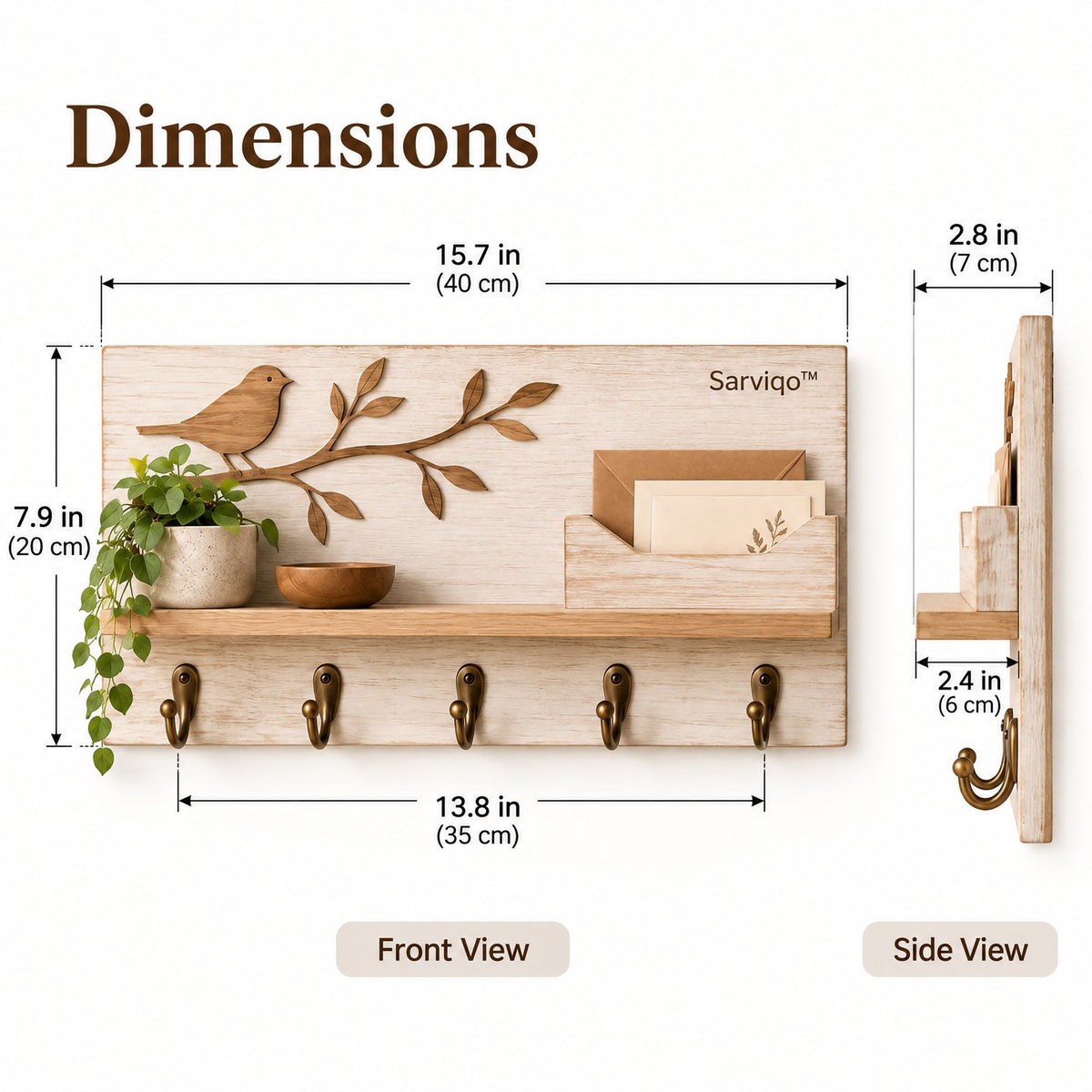Sarviqo™ Carved Bird & Branch Wood Entryway Organizer dimensions