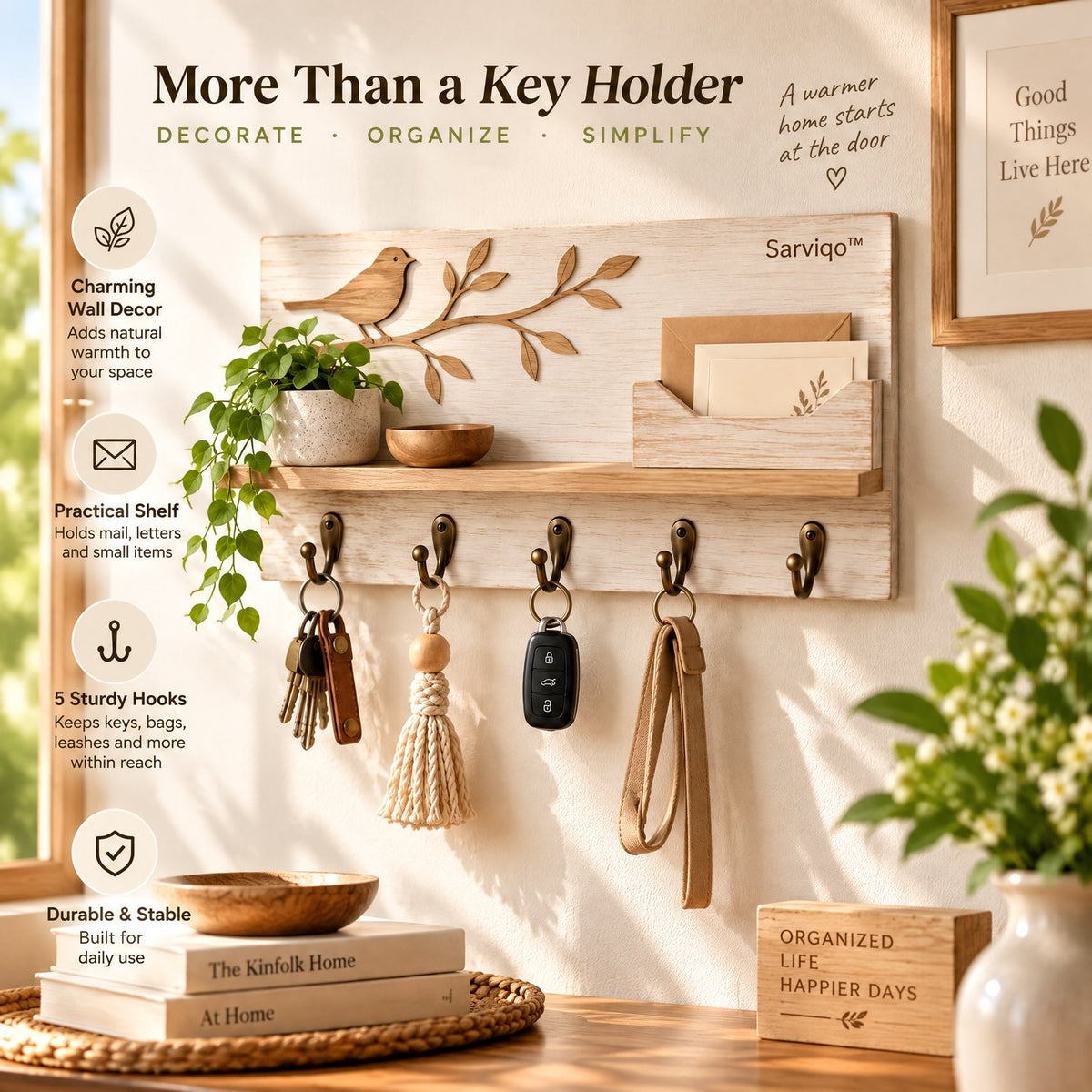 Sarviqo™ Carved Bird & Branch Wood Entryway Organizer interior display