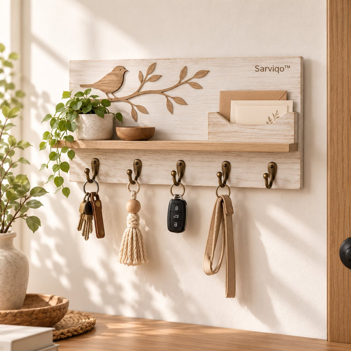 Sarviqo™ Carved Bird & Branch Wood Entryway Organizer product photo