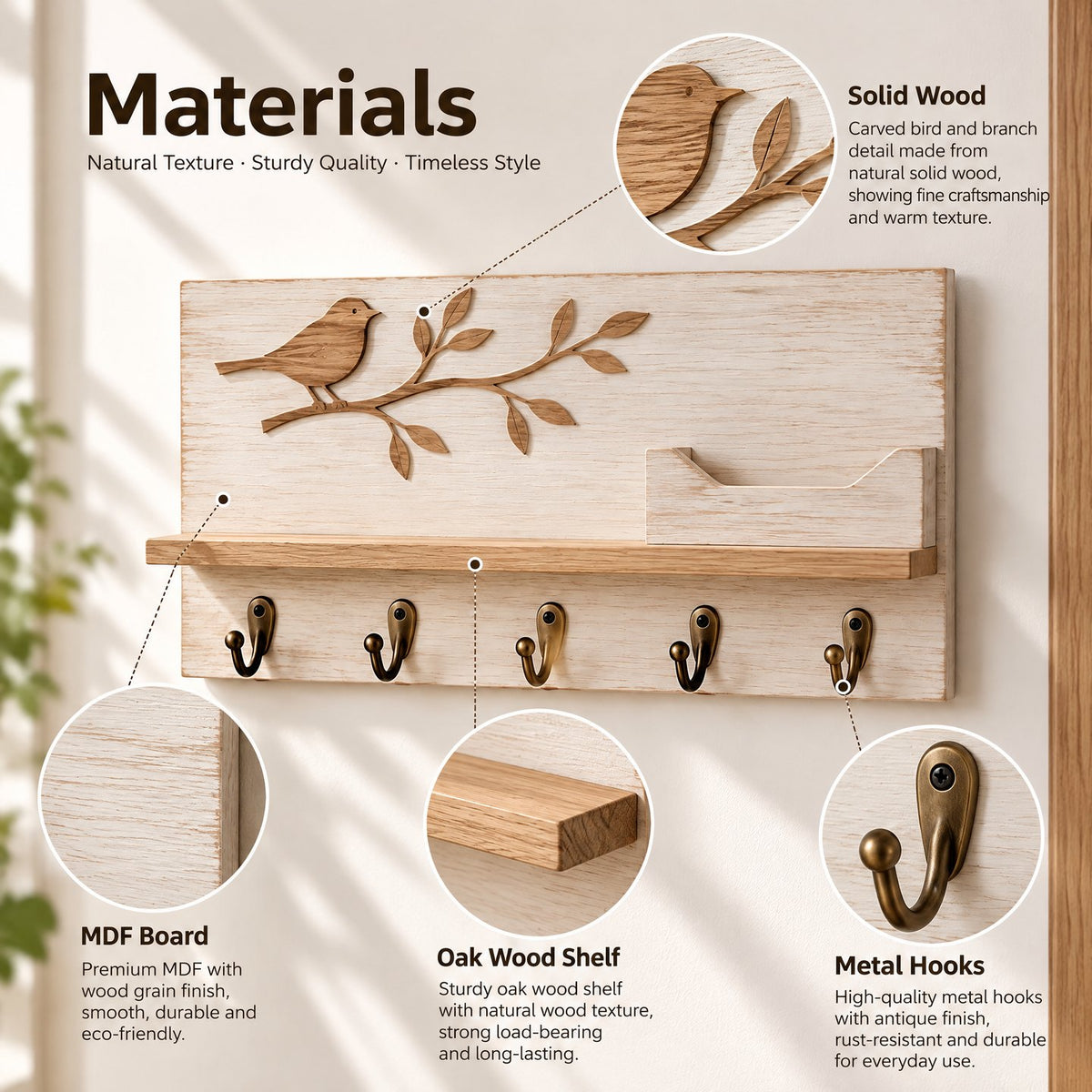 Sarviqo™ Carved Bird & Branch Wood Entryway Organizer materials