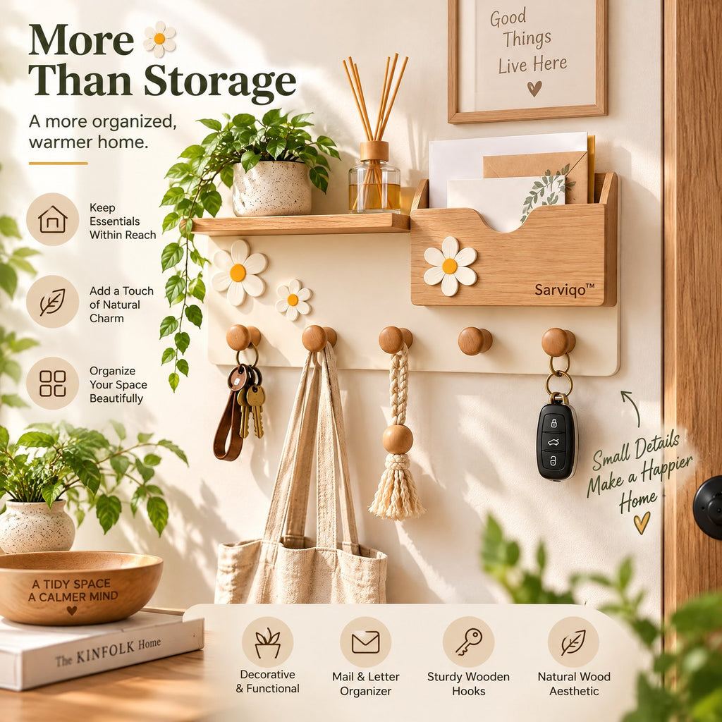 Sarviqo™ Daisy Bloom Natural Wood Wall Shelf & Key Rack entryway scene