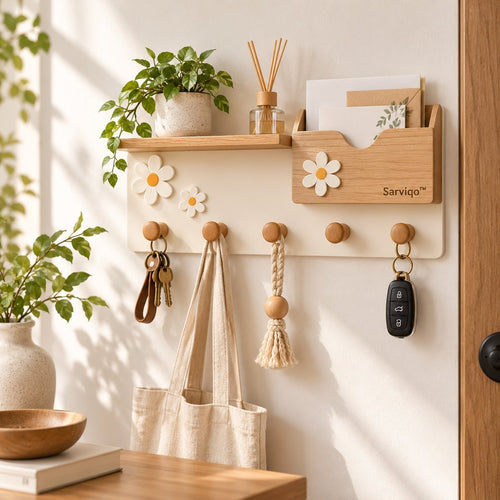 Sarviqo™ Daisy Bloom Natural Wood Wall Shelf & Key Rack main product photo