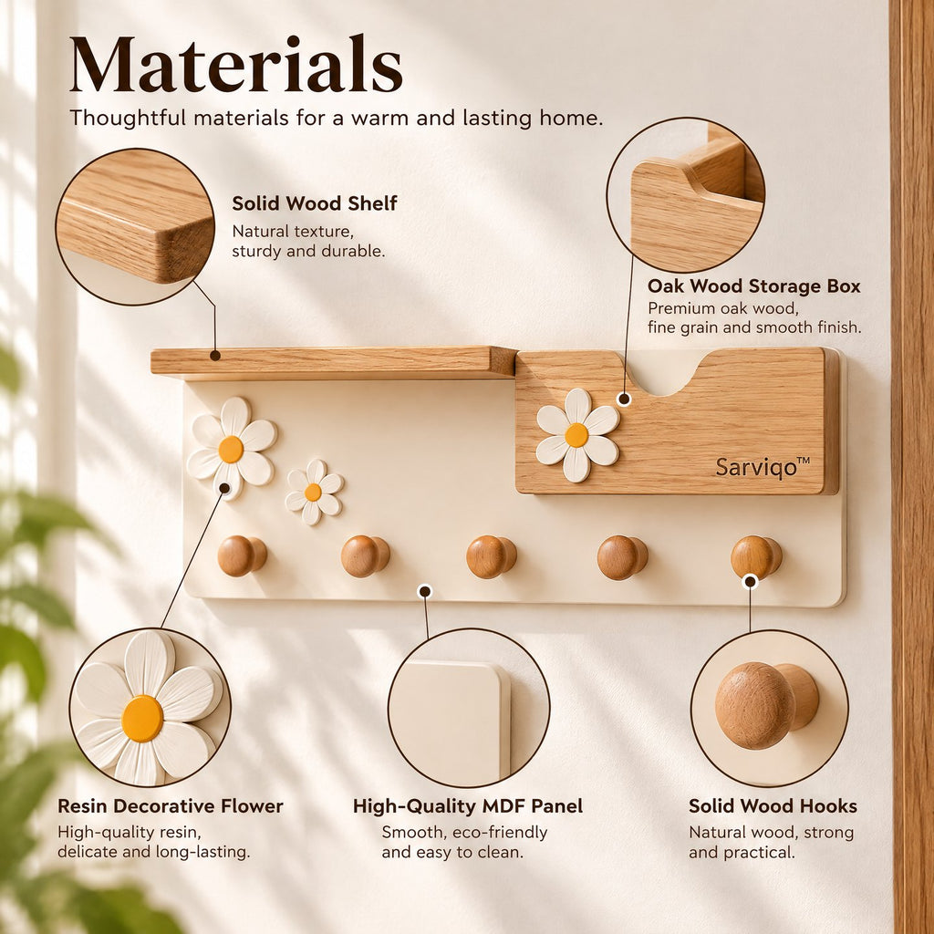 Sarviqo™ Daisy Bloom Natural Wood Wall Shelf & Key Rack materials close-up