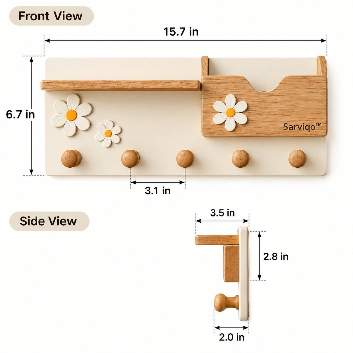 Sarviqo™ Daisy Bloom Natural Wood Wall Shelf & Key Rack dimensions graphic