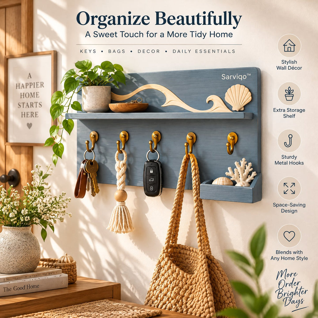 Sarviqo™ Coastal Blue Wave & Seashell Wall Organizer entryway scene