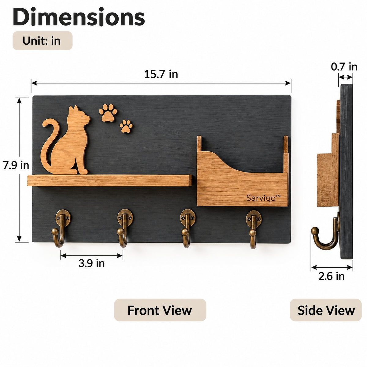 Sarviqo™ Black & Oak Cat Silhouette Wall Key Holder measurement illustration