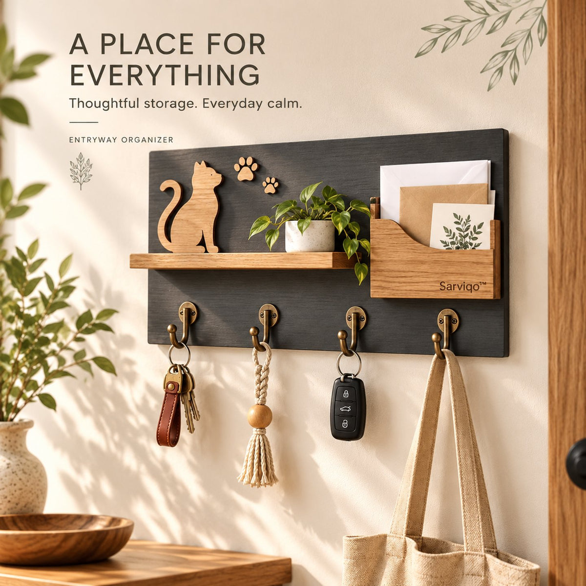 Sarviqo™ Black & Oak Cat Silhouette Wall Key Holder styled room setting