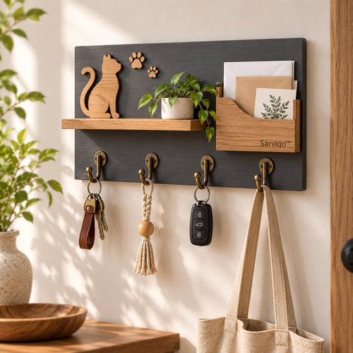 Sarviqo™ Black & Oak Cat Silhouette Wall Key Holder front product photo