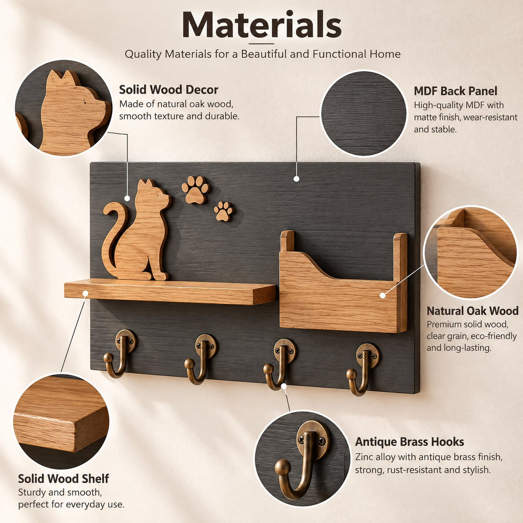 Sarviqo™ Black & Oak Cat Silhouette Wall Key Holder material close-up