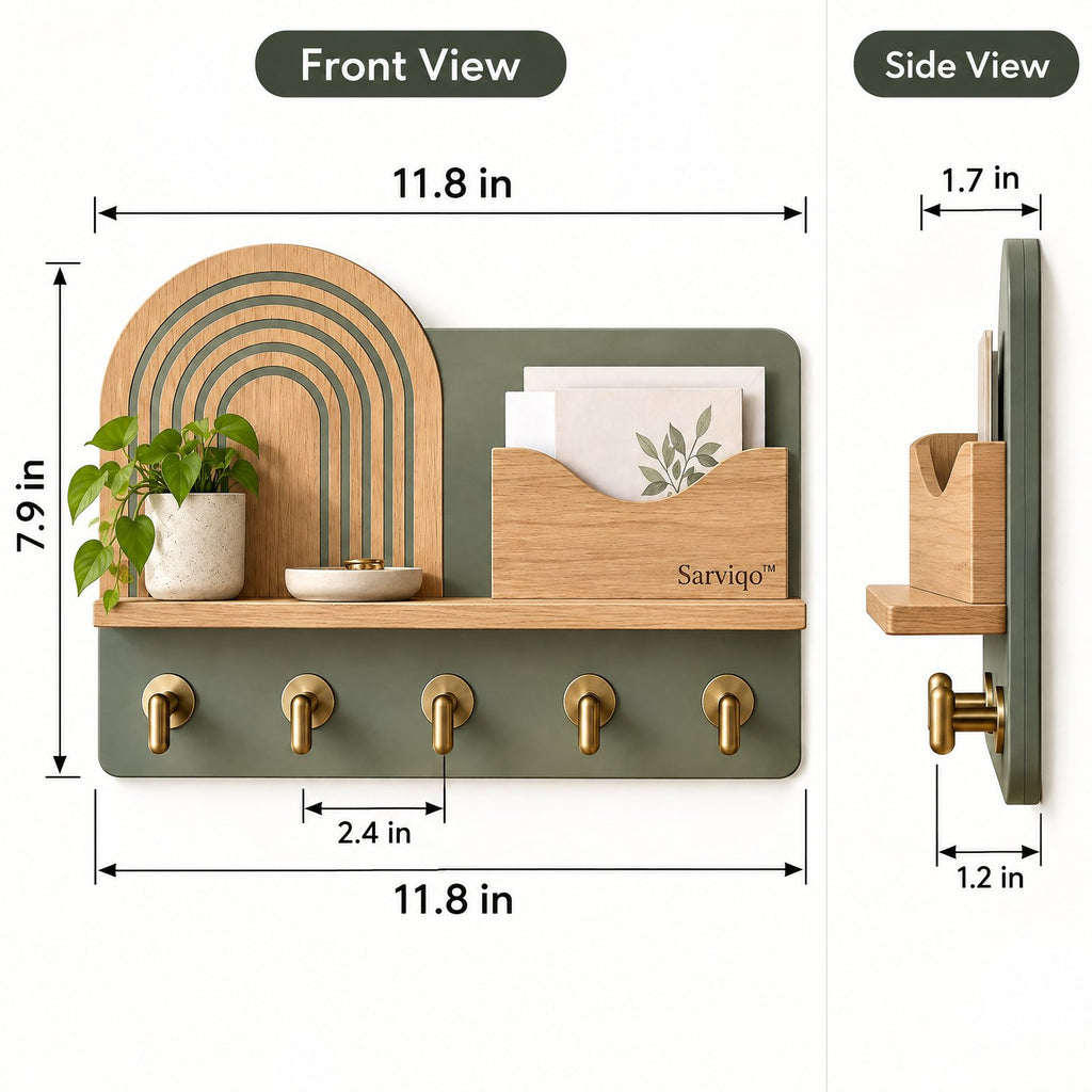Sarviqo™ Olive Rainbow Arch Wall Key & Mail Holder size diagram