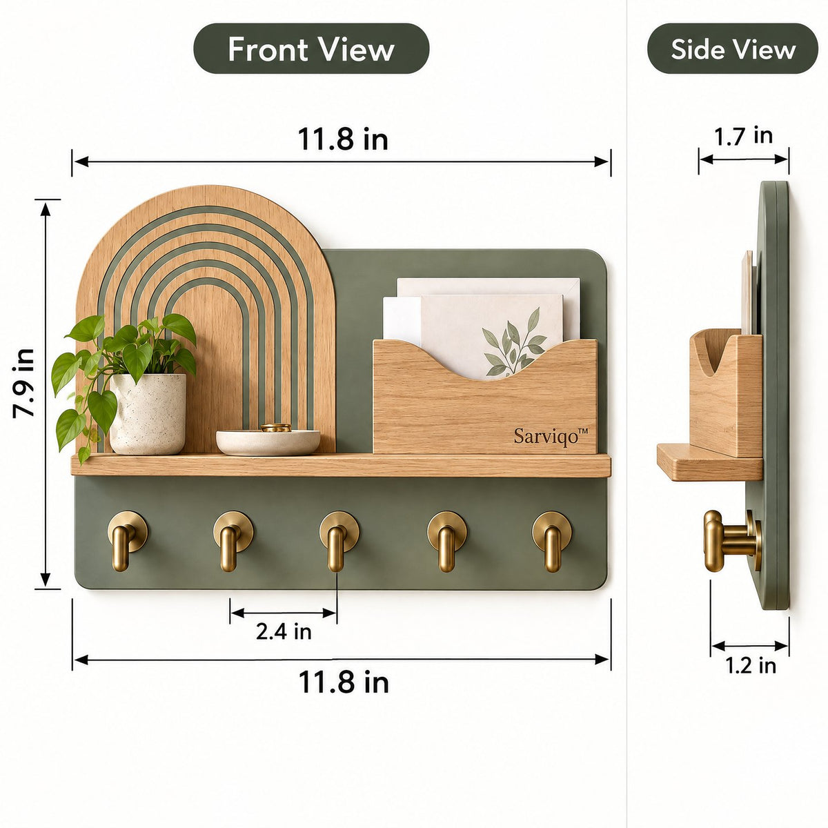 Sarviqo™ Olive Rainbow Arch Wall Key & Mail Holder size diagram