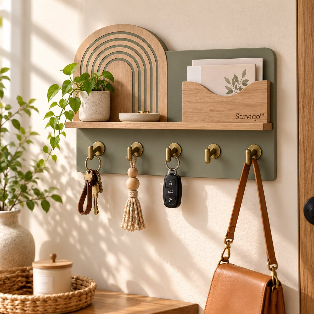 Sarviqo™ Olive Rainbow Arch Wall Key & Mail Holder front lifestyle photo