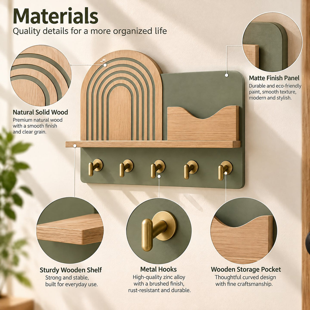 Sarviqo™ Olive Rainbow Arch Wall Key & Mail Holder material composition