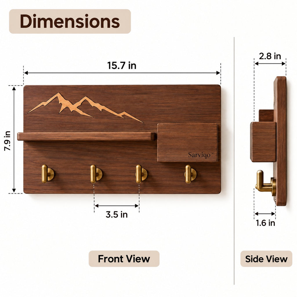 Sarviqo™ Walnut Mountain Outline Wall Shelf with Brass Hooks size diagram