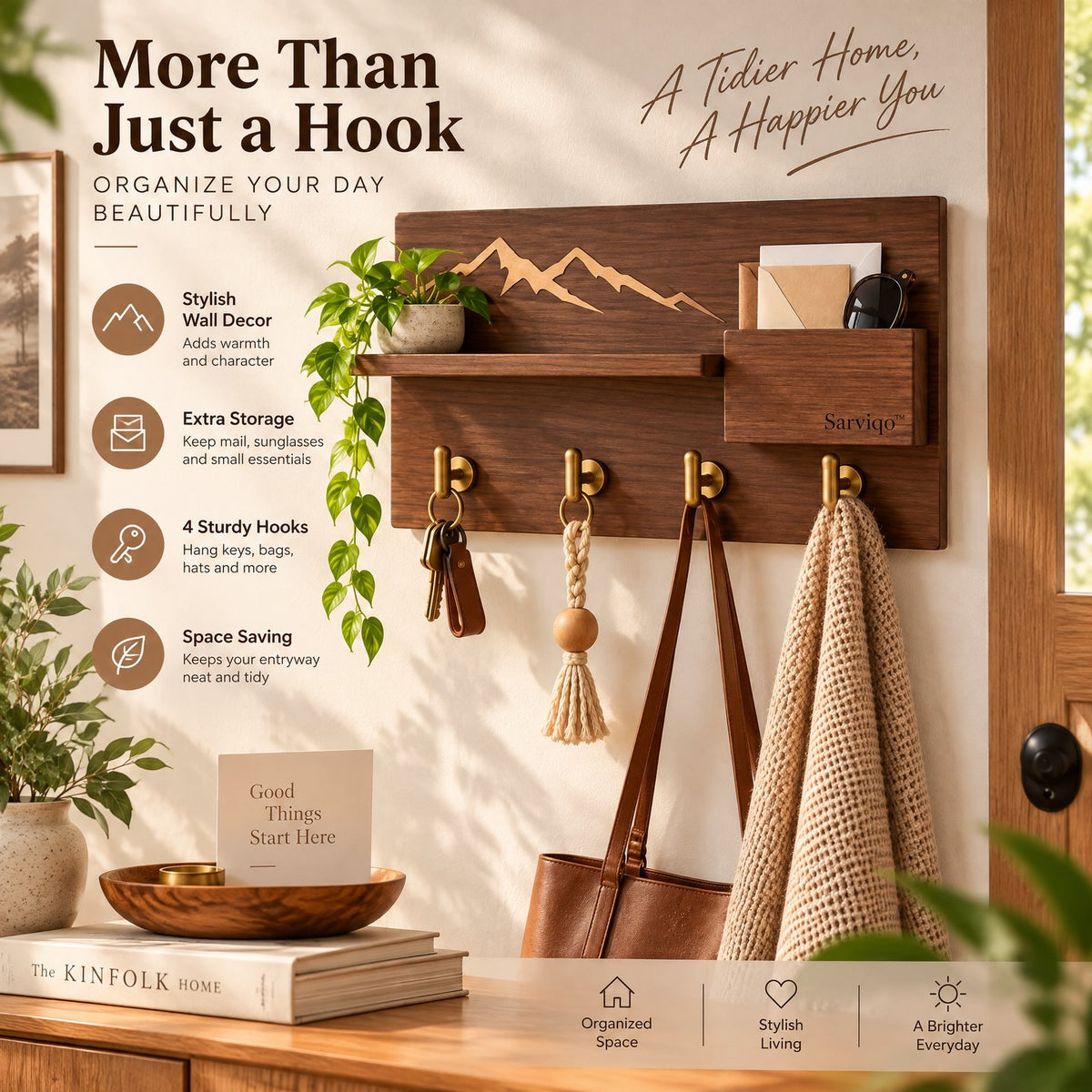 Sarviqo™ Walnut Mountain Outline Wall Shelf with Brass Hooks room styling