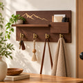 Sarviqo™ Walnut Mountain Outline Wall Shelf with Brass Hooks front lifestyle photo