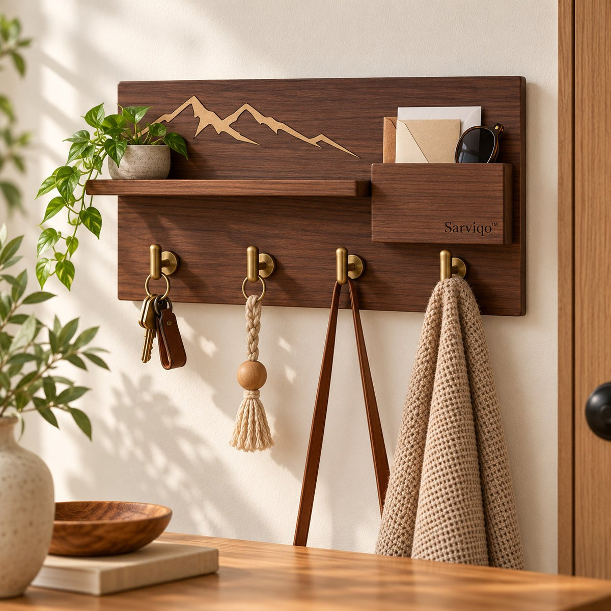 Sarviqo™ Walnut Mountain Outline Wall Shelf with Brass Hooks front lifestyle photo