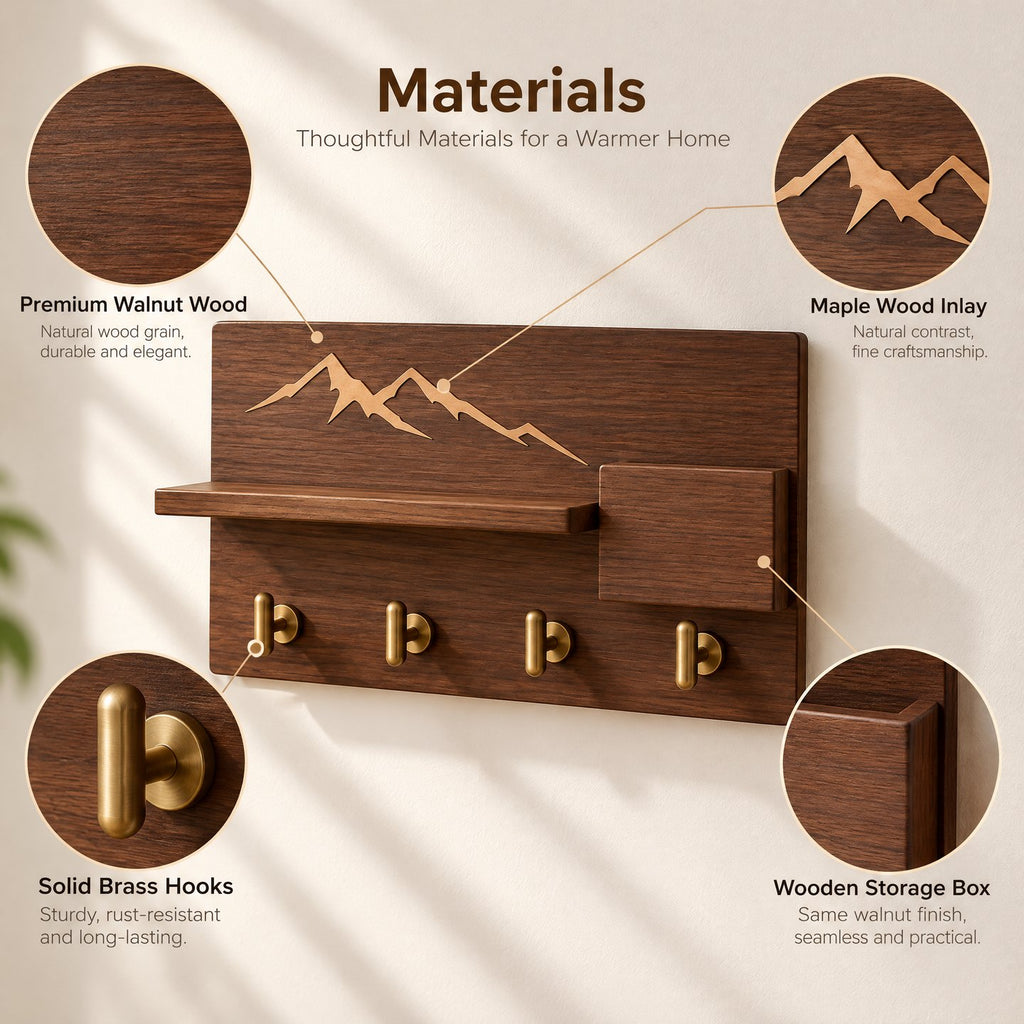 Sarviqo™ Walnut Mountain Outline Wall Shelf with Brass Hooks material composition