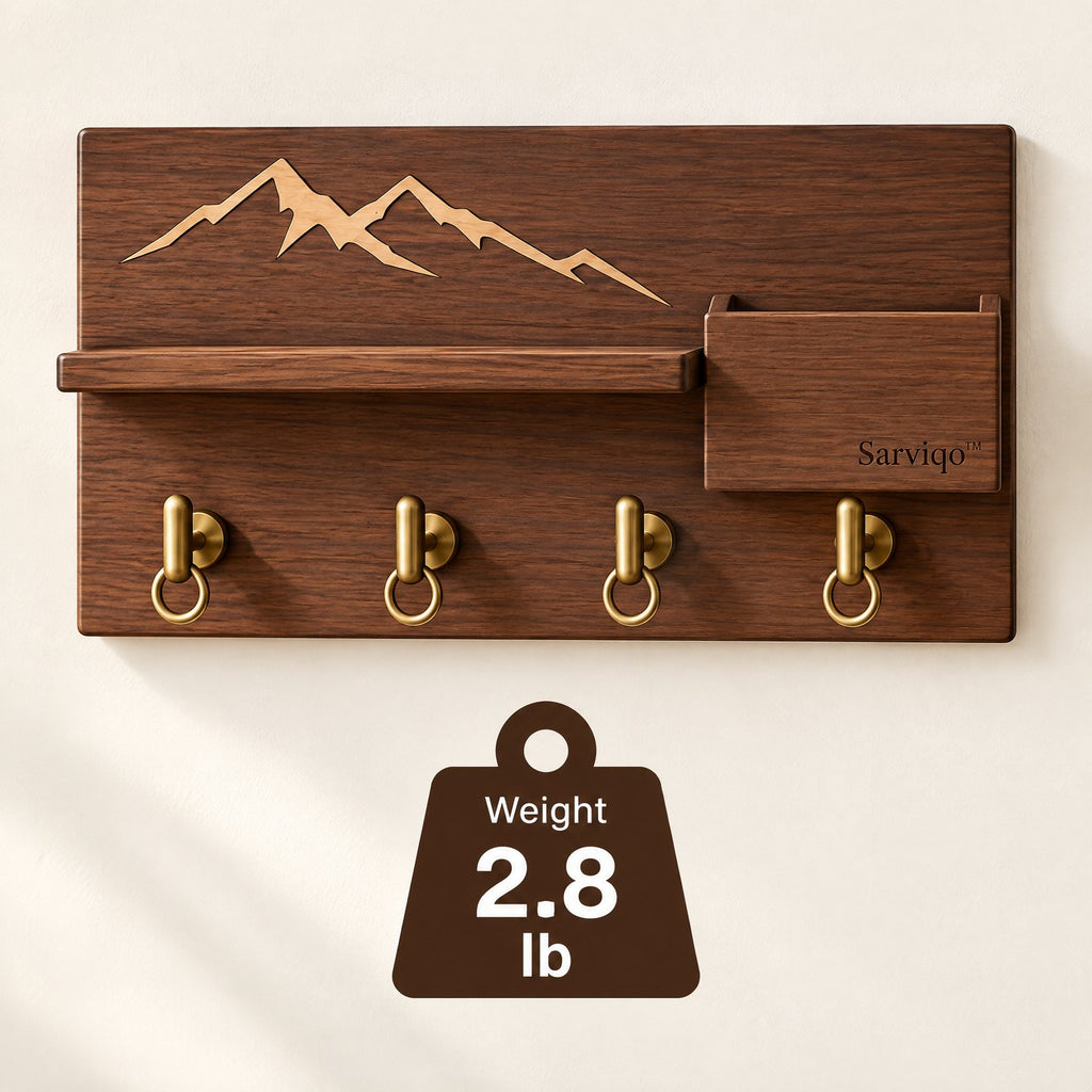 Sarviqo™ Walnut Mountain Outline Wall Shelf with Brass Hooks weight graphic