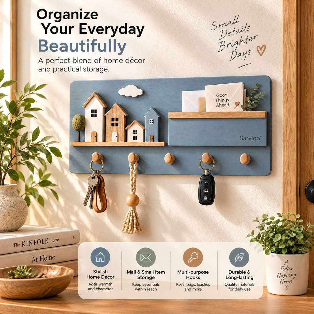 Sarviqo™ Slate Blue Cottage & Cloud Wall Organizer home styling view