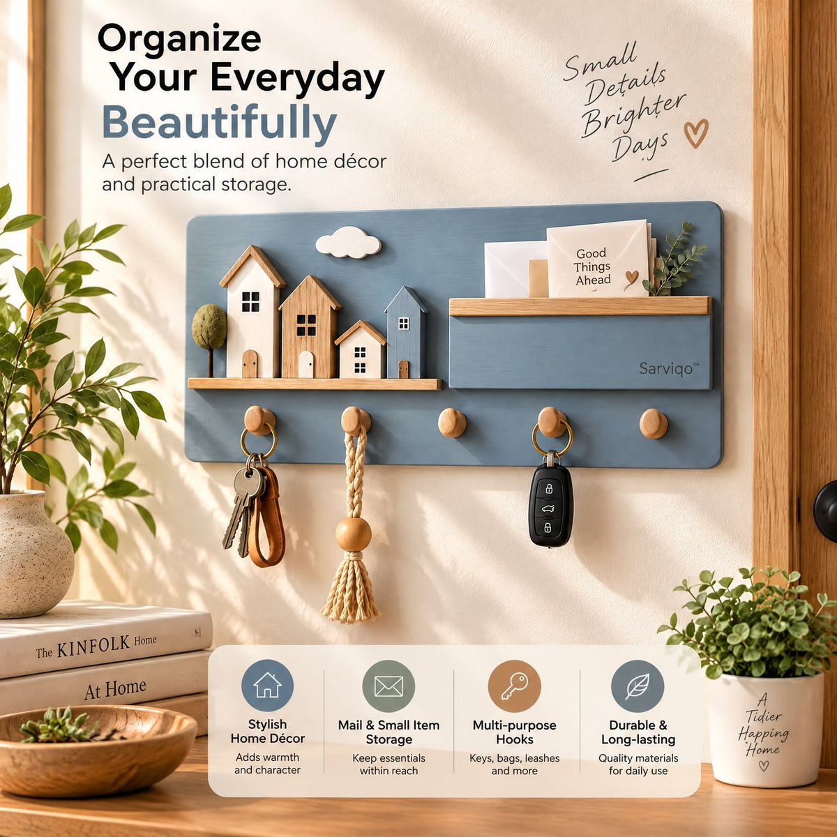 Sarviqo™ Slate Blue Cottage & Cloud Wall Organizer home styling view