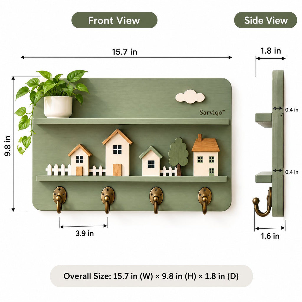 Sarviqo™ Sage Green Woodland Village Key & Coat Organizer product dimensions