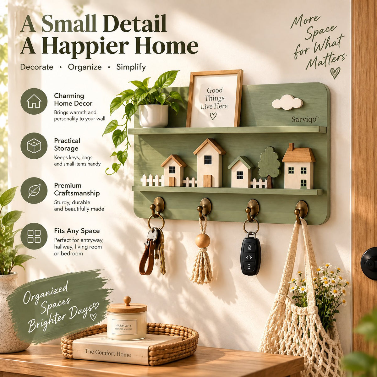 Sarviqo™ Sage Green Woodland Village Key & Coat Organizer home styling view