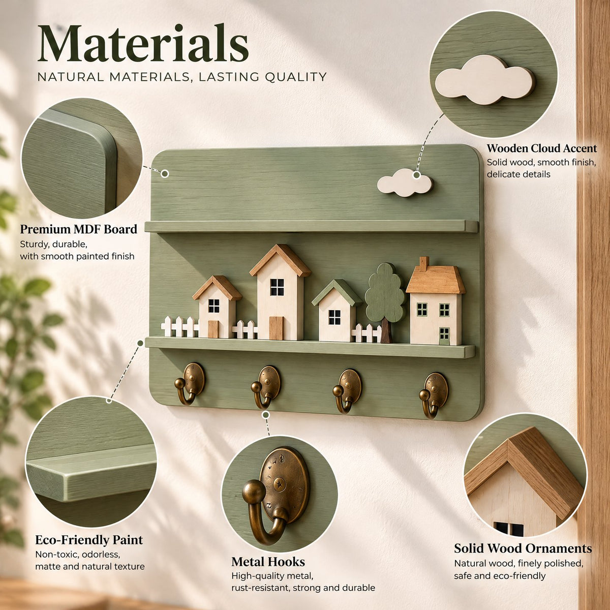 Sarviqo™ Sage Green Woodland Village Key & Coat Organizer material detail
