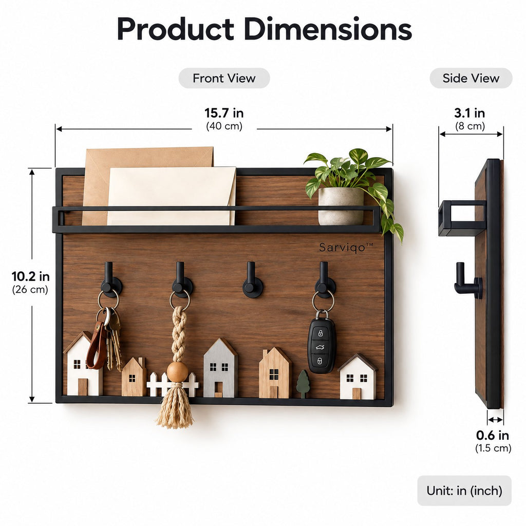 Sarviqo™ Dark Walnut Entryway Shelf with Black Metal Rail product dimensions
