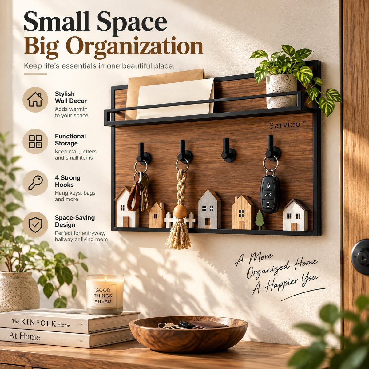 Sarviqo™ Dark Walnut Entryway Shelf with Black Metal Rail home styling view