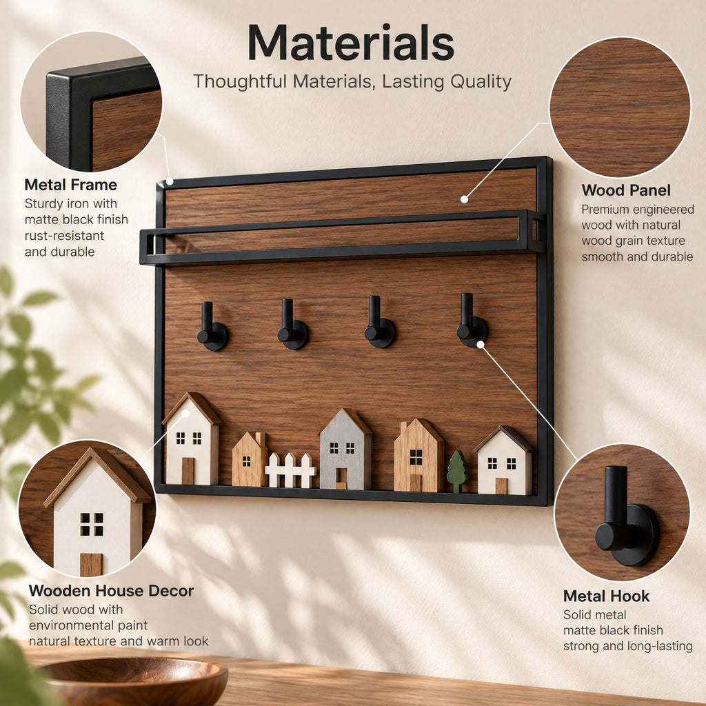Sarviqo™ Dark Walnut Entryway Shelf with Black Metal Rail material detail
