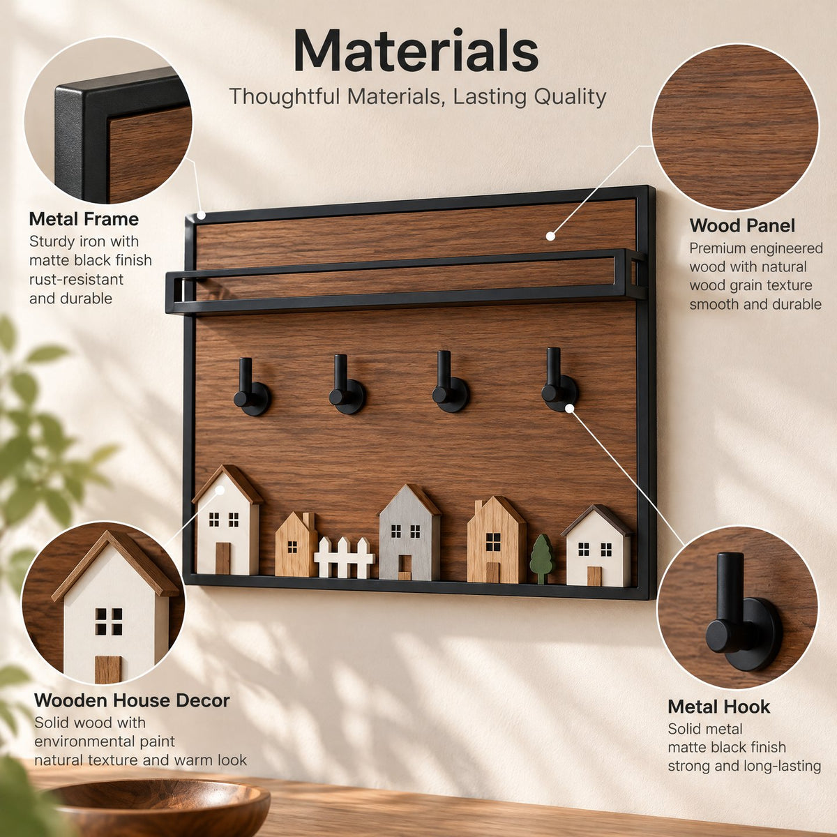 Sarviqo™ Dark Walnut Entryway Shelf with Black Metal Rail material detail